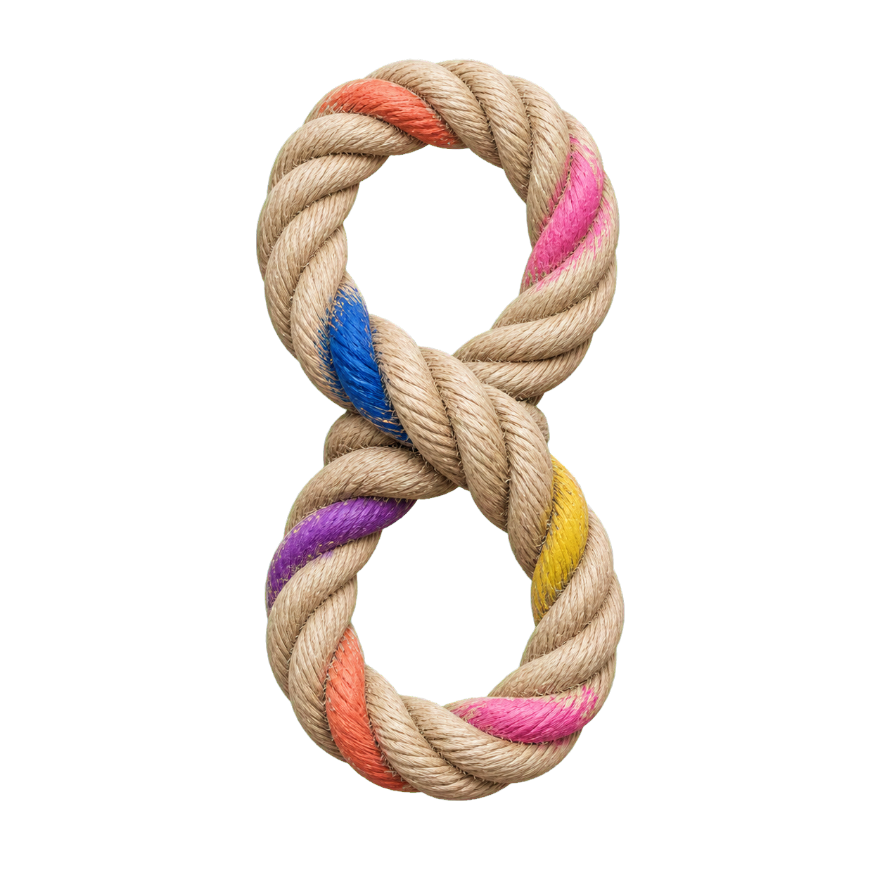 A natural sailboat rope tied as a figure-eight knot with painted color accents
